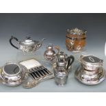 A quantity of silver plated ware to include oak biscuit barrel and serving dishes