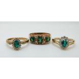 Three 9ct gold rings set with green and clear paste