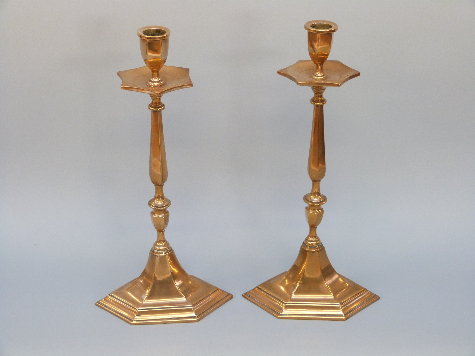 A pair of bronze or similar cast hexagonal candlesticks, - Image 2 of 3