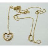 An 9ct gold necklace with a 9ct gold pendant in the form of a heart and a 9ct gold necklace, 3.