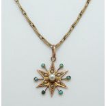 A 9ct gold Edwardian pendant in the form of a star set with seed pearls and turquoise, 3.