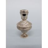 An 18thC three part combined pedestal vinaigrette/pomander, spice box and whistle,