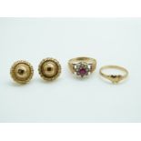 A yellow metal ring marked 14k (0.5ct), a 9ct gold ring and a pair of 9ct gold earrings (2.