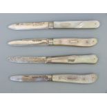 Three Victorian and one Edward VII hallmarked silver engraved mother of pearl fruit knives,