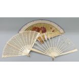 An ivory fan with inlaid decoration to the guardsticks and a handpainted fan,