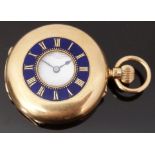 E F Ashley of Clerkenwell 18ct gold keyless winding half hunter pocket watch with blue enamel