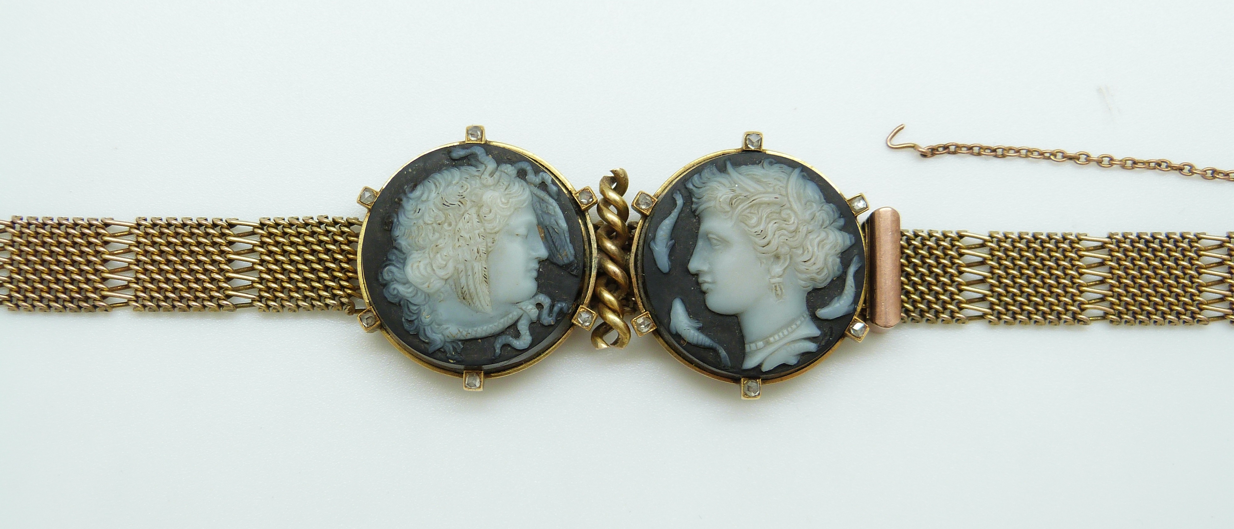 A 9ct gold Victorian bracelet set with two finely carved hardstone cameos depicting day and night, - Image 3 of 6