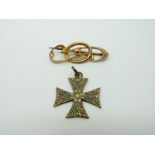 A 9ct gold brooch and a gold plated cross pendant set with pearls