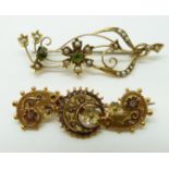 A Victorian hallmarked 9ct gold brooch and a 9ct gold Edwardian example set with seed pearls and