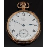 Waltham gold plated keyless winding open faced pocket watch with subsidiary seconds dial,