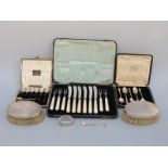 A cased set of six hallmarked silver coffee bean spoons, five further hallmarked silver teaspoons,