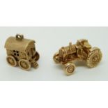 A 9ct gold charm in the form of a tractor and a 9ct gold charm in the form of a trailer, 10.