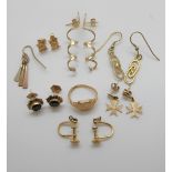 Two pairs of 9ct gold earrings, a pair of 9ct gold earrings set with amethysts, a 9ct gold ring,