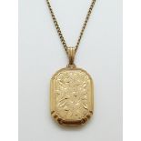 A 9ct gold locket with chased flower decoration on a 9ct gold chain, 8.