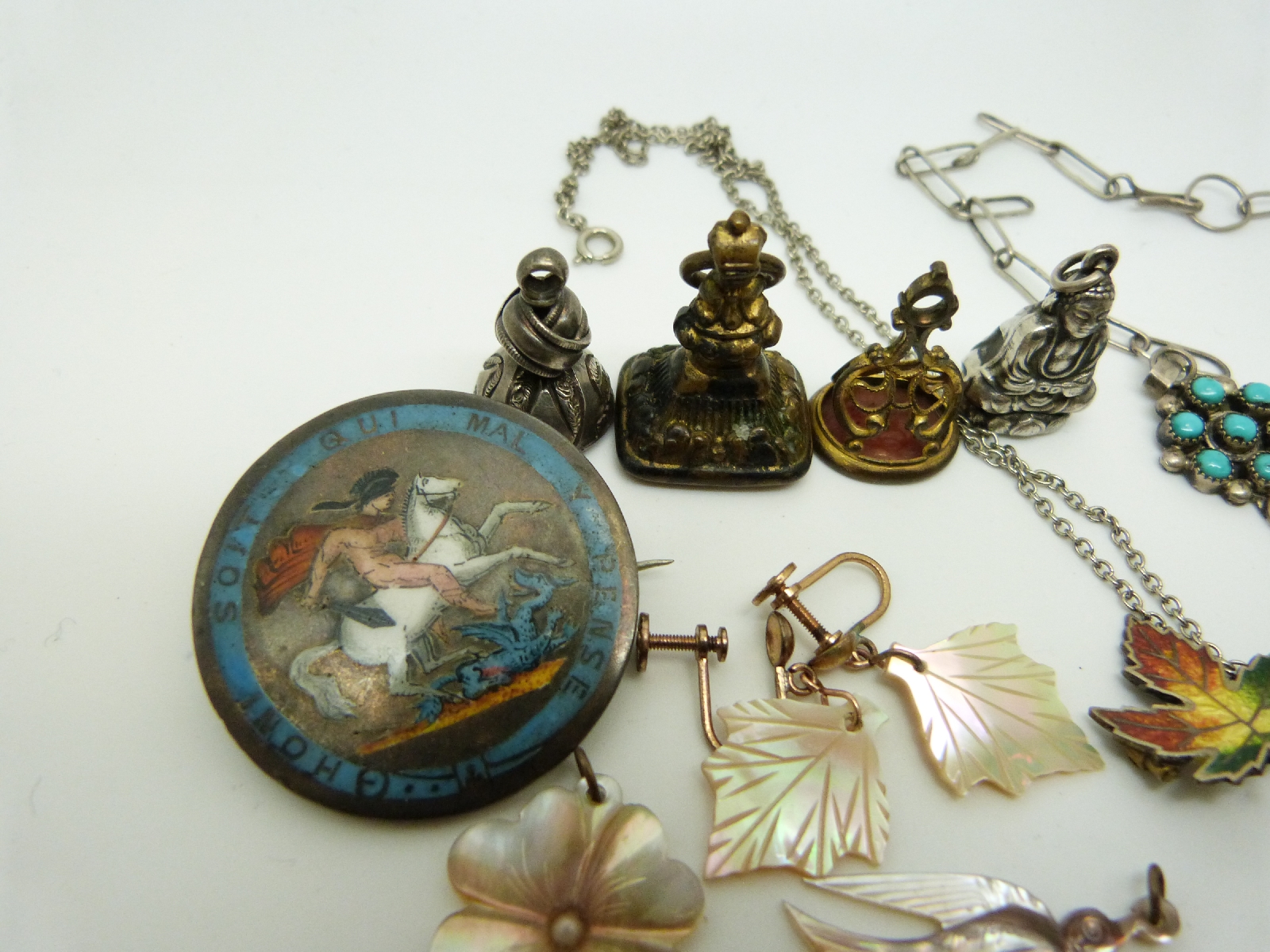 A silver charm in the form of Guanyin, micro mosaic pendant, silver cufflinks, - Image 4 of 7