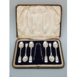 A cased set of six Victorian/ Edward VII hallmarked silver teaspoons and tongs,