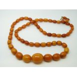 An amber necklace of 60 graduated ovoid egg yolk coloured beads, the largest approximately 20x15mm,
