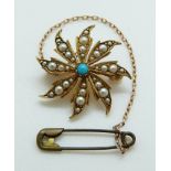 A 9ct gold turquoise and seed pearl star brooch/pendant, 4.