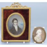 Two framed portrait miniatures on ivory of gentlemen, one in Regency costume with cravat,