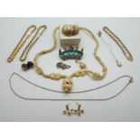 A bone necklace, a 9ct gold chain and a yellow metal pendant set with an opal,