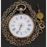 A silver ladies open faced pocket watch with Roman numerals and floral decoration to the white