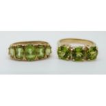 Two 9ct gold rings set with peridot (sizes O and N)