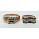 A 9ct gold ring set with diamonds in the form of a buckle and a 9ct gold ring set with two rows of