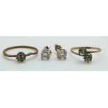 A 9ct gold and silver ring and a pair of silver earrings