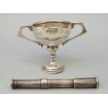 S. Mordan & Co Patent hallmarked silver double ended pen/pencil and a small silver trophy.