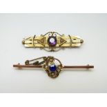 A 9ct gold brooch set with seed pearls and blue paste and a 9ct gold brooch set with an amethyst