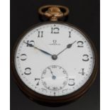 Omega gold plated keyless winding open faced gentleman's pocket watch with subsidiary seconds dial,
