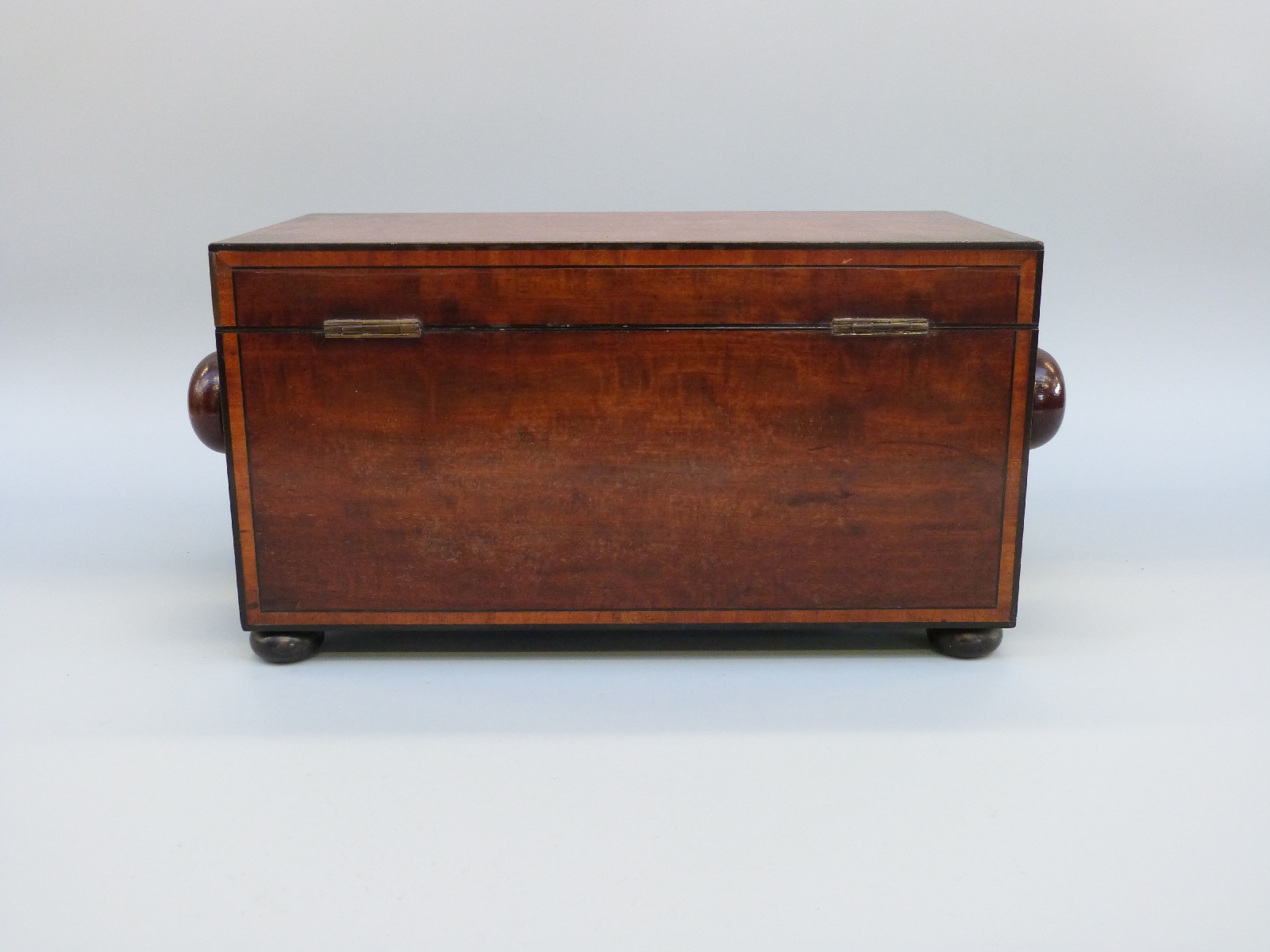 An early 19thC mahogany tea caddy of rectangular form with inlaid ebony detail, raised on bun feet, - Image 7 of 8
