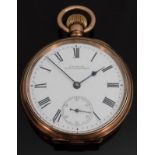Waltham gold plated keyless winding open faced gentleman's pocket watch with subsidiary seconds