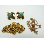 A pair of yellow metal earrings set with turquoise cabochons and two yellow metal chains