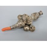 A Georgian hallmarked silver babies rattle with inset coral teether and whistle (Birmingham,