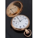 9ct gold gentleman's keyless winding full hunter pocket watch with Roman numerals,