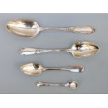 Four various French white metal spoons, longest 20cm,
