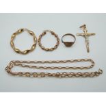 A 9ct gold belcher chain, 9ct gold earrings and a 9ct gold cross, 6.
