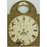 A c19thC longcase clock dial with painted Roman centre and embossed brass surround,