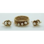 A 9ct gold textured ring set with three pearls, by Hopper Bolton, with matching earrings, 7.