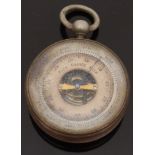 A base metal pocket barometer with skeleton silvered face,