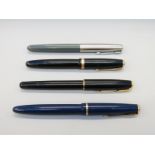 Four Parker fountain pens comprising two Duofold with 14k nibs,