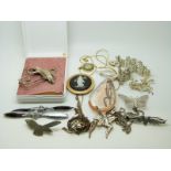 Two RAF brooches, silver gate bracelet, silver brooches, 9ct gold chain, silver necklaces,