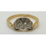 An 18ct gold Art Deco ring set with diamonds in a fan shaped platinum setting, 2.