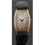 9ct gold gentleman's tonneau shaped wristwatch with subsidiary seconds dial, blued hands,