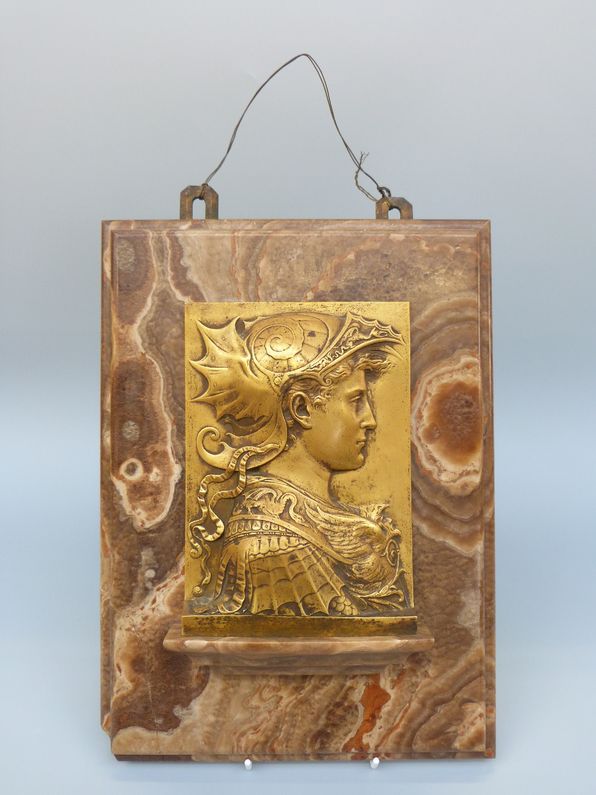 French 19thC bronze / brass plaque of Alexander the Great, on travertine mount, E Julien,