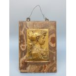 French 19thC bronze / brass plaque of Alexander the Great, on travertine mount, E Julien,