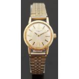 Longines gold plated ladies wristwatch with two tone hands and baton markers, on metal bracelet,