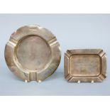 Two hallmarked silver ashtrays with commemorative inscriptions,