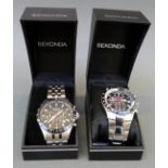 Two Sekonda gentleman's chronograph wristwatches both with luminous hands and markers, black faces,